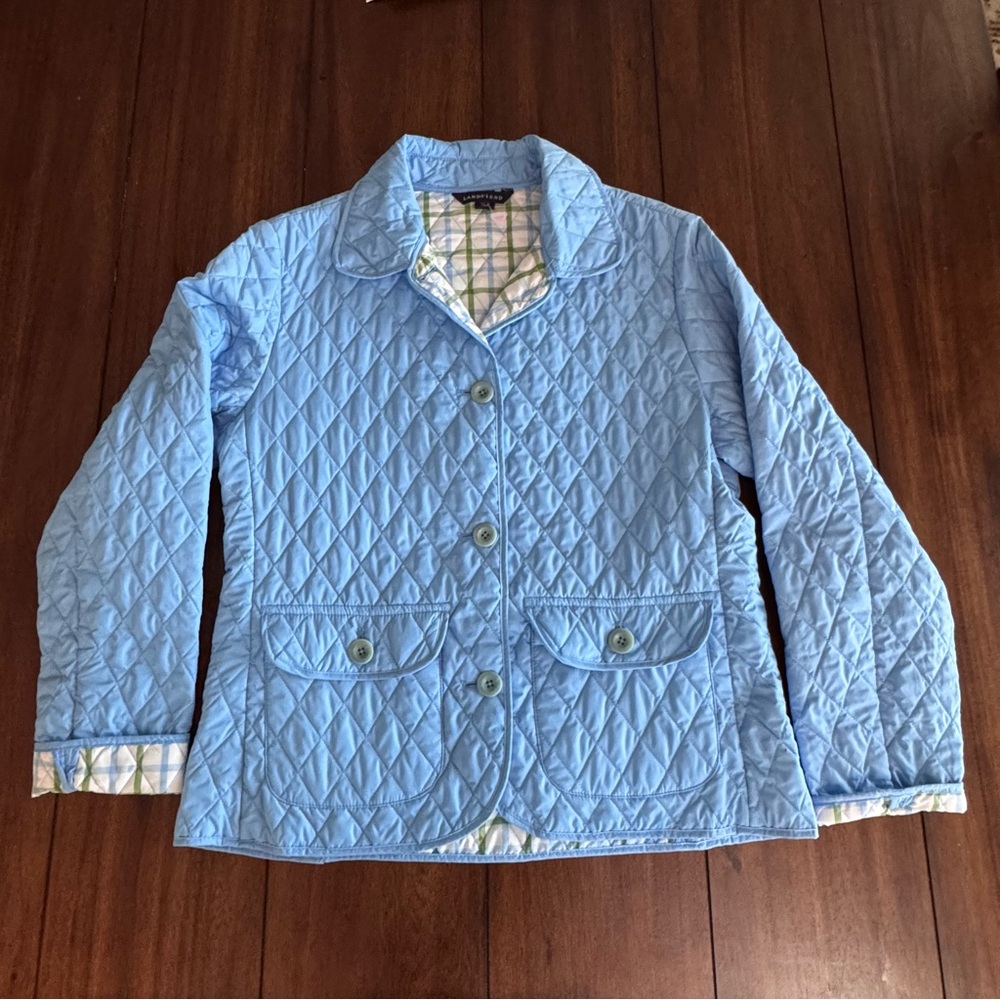 Lands' End Women’s Blue Quilted Barn Thermolite Jacket‎ Gingham Lining Sz Small